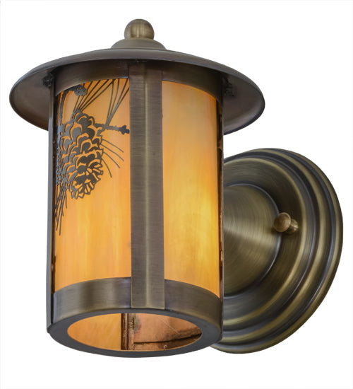 Meyda Lighting Fulton 7" Antique Brass Winter Pine Solid Mount Wall Sconce With Beige Iridescent Shade Glass