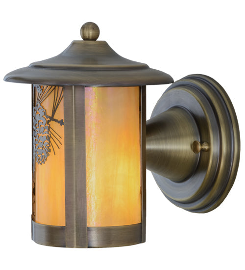 Meyda Lighting Fulton 7" Antique Brass Winter Pine Solid Mount Wall Sconce With Beige Iridescent Shade Glass