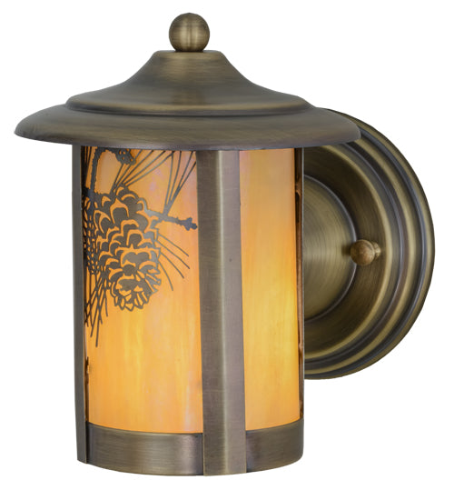 Meyda Lighting Fulton 7" Antique Brass Winter Pine Solid Mount Wall Sconce With Beige Iridescent Shade Glass