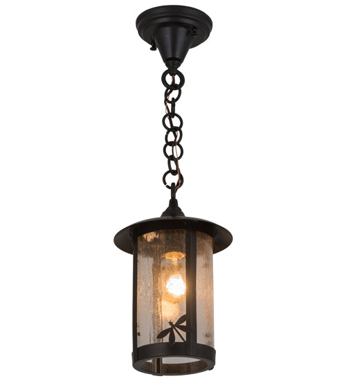 Meyda Lighting Fulton 8" 1-Light Craftsman Brown Dragonfly Pendant Light With Clear Seeded Shade Glass