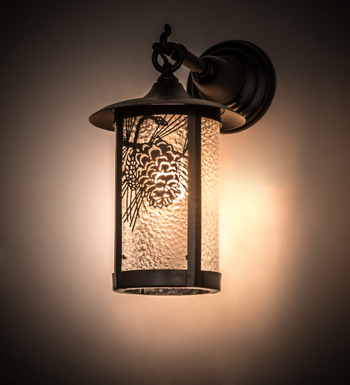 Meyda Lighting Fulton 8" Black Satin Wrought Iron Winter Pine Hanging Wall Sconce With Clear Granite Shade Glass