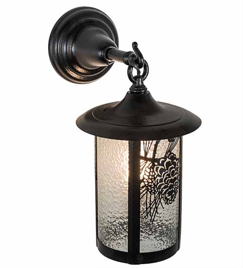Meyda Lighting Fulton 8" Black Satin Wrought Iron Winter Pine Hanging Wall Sconce With Clear Granite Shade Glass