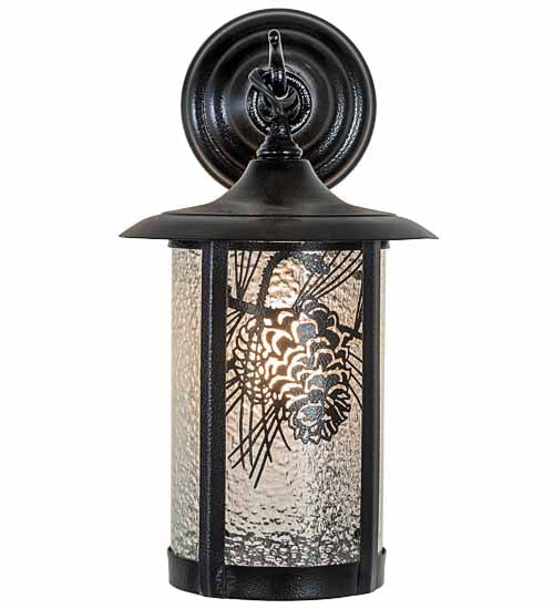Meyda Lighting Fulton 8" Black Satin Wrought Iron Winter Pine Hanging Wall Sconce With Clear Granite Shade Glass