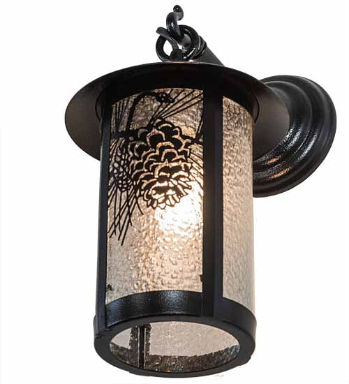 Meyda Lighting Fulton 8" Black Satin Wrought Iron Winter Pine Hanging Wall Sconce With Clear Granite Shade Glass