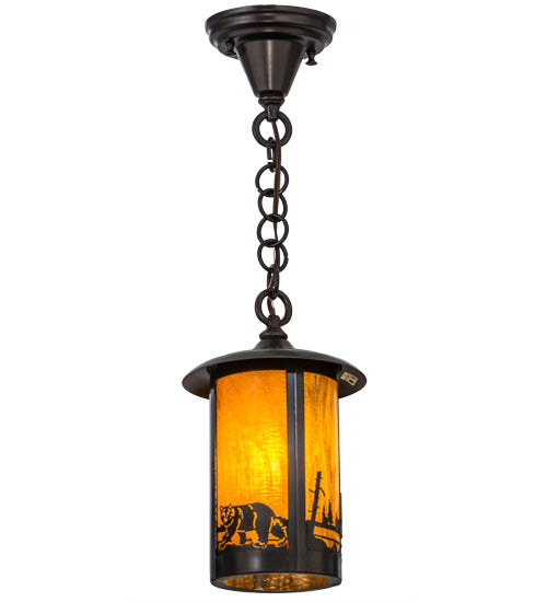 Meyda Lighting Fulton 8" Craftsman Brown Bear Creek Pendant Light With Honey Art Shade Glass