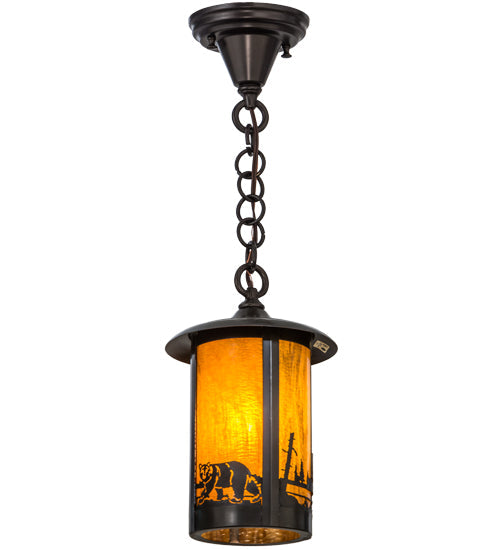Meyda Lighting Fulton 8" Craftsman Brown Bear Creek Pendant Light With Honey Art Shade Glass