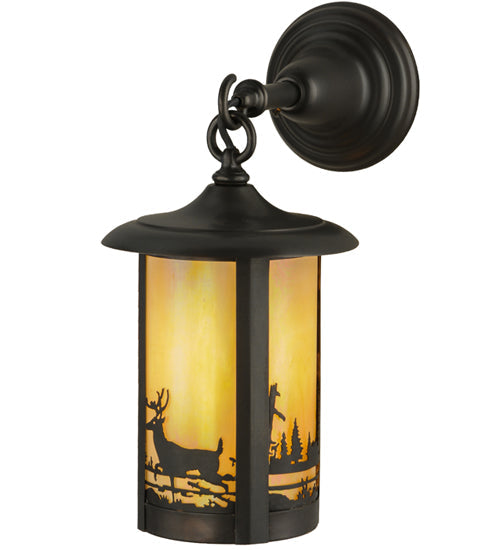 Meyda Lighting Fulton 8" Craftsman Brown Deer Creek Hanging Wall Sconce With Beige Iridescent Shade Glass