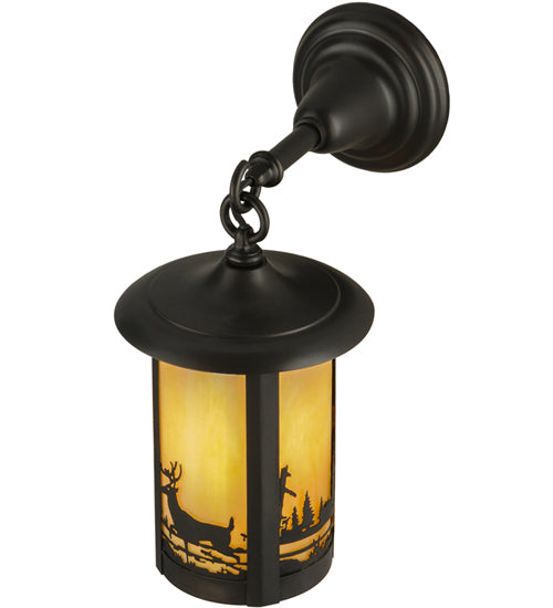 Meyda Lighting Fulton 8" Craftsman Brown Deer Creek Hanging Wall Sconce With Beige Iridescent Shade Glass