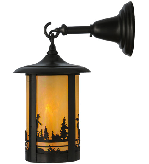 Meyda Lighting Fulton 8" Craftsman Brown Deer Creek Hanging Wall Sconce With Beige Iridescent Shade Glass
