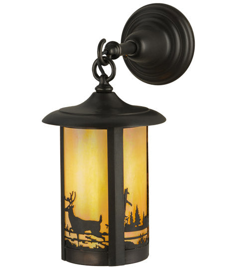 Meyda Lighting Fulton 8" Craftsman Brown Deer Creek Hanging Wall Sconce With Beige Iridescent Shade Glass