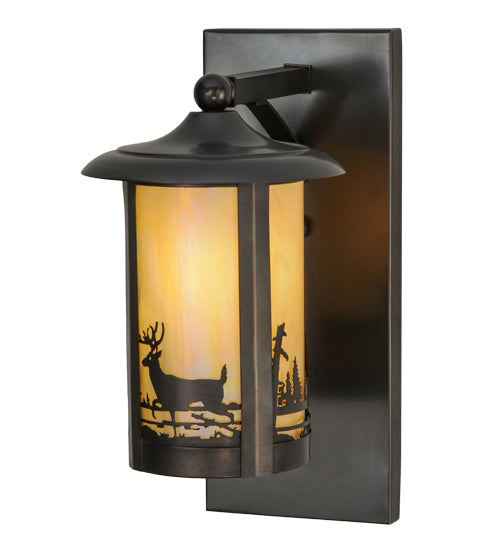 Meyda Lighting Fulton 8" Craftsman Brown Deer Creek Solid Mount Wall Sconce With Beige Iridescent Shade Glass
