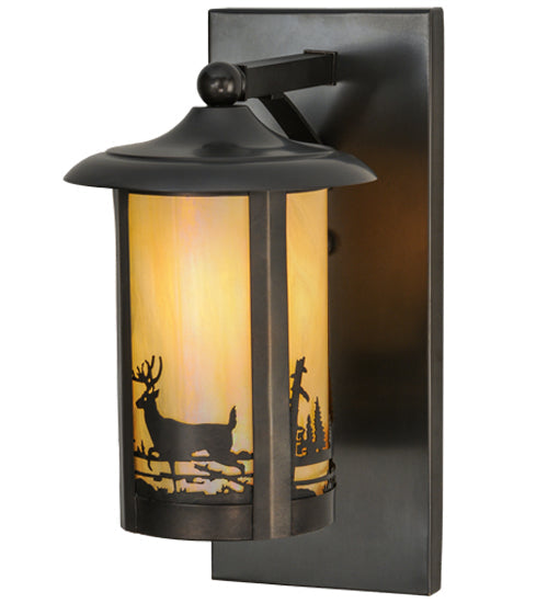 Meyda Lighting Fulton 8" Craftsman Brown Deer Creek Solid Mount Wall Sconce With Beige Iridescent Shade Glass