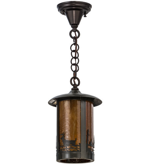 Meyda Lighting Fulton 8" Craftsman Brown Deer at Lake Pendant Light With Honey Art Shade Glass