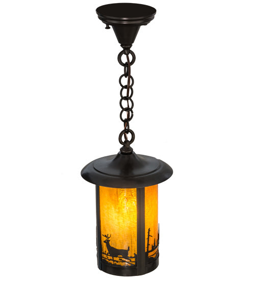 Meyda Lighting Fulton 8" Craftsman Brown Deer at Lake Pendant Light With Honey Art Shade Glass