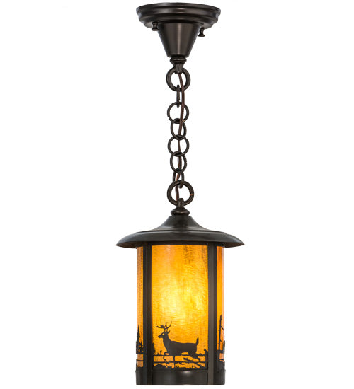 Meyda Lighting Fulton 8" Craftsman Brown Deer at Lake Pendant Light With Honey Art Shade Glass