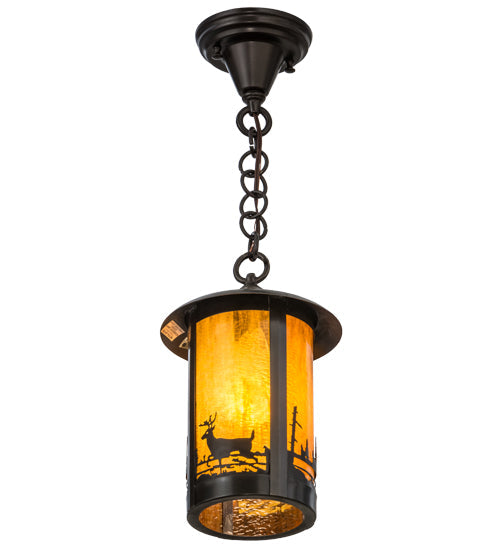 Meyda Lighting Fulton 8" Craftsman Brown Deer at Lake Pendant Light With Honey Art Shade Glass
