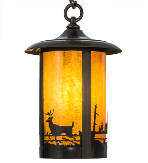 Meyda Lighting Fulton 8" Craftsman Brown Deer at Lake Pendant Light With Honey Art Shade Glass
