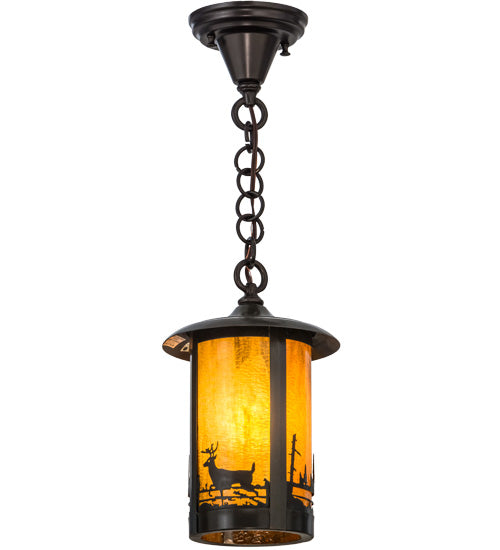 Meyda Lighting Fulton 8" Craftsman Brown Deer at Lake Pendant Light With Honey Art Shade Glass