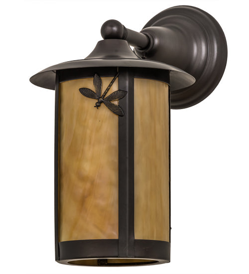 Meyda Lighting Fulton 8" Craftsman Brown Dragonfly Solid Mount Wall Sconce With Beige Shade Glass