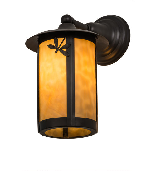 Meyda Lighting Fulton 8" Craftsman Brown Dragonfly Solid Mount Wall Sconce With Beige Shade Glass