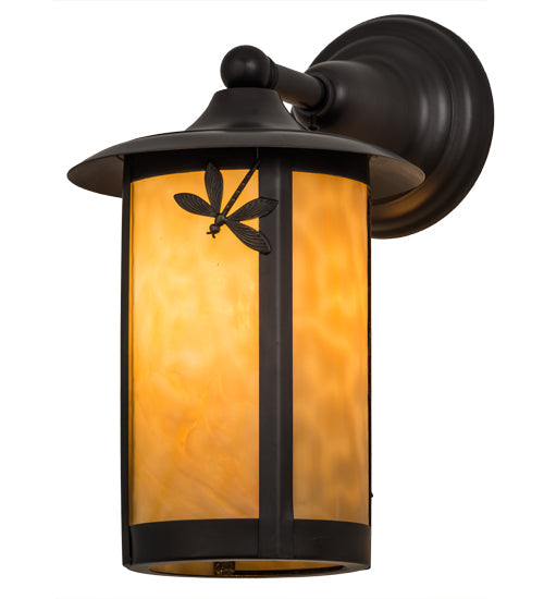 Meyda Lighting Fulton 8" Craftsman Brown Dragonfly Solid Mount Wall Sconce With Beige Shade Glass