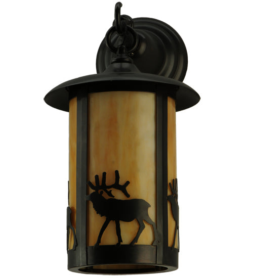 Meyda Lighting Fulton 8" Craftsman Brown Elk Hanging Wall Sconce With Beige Art Shade Glass