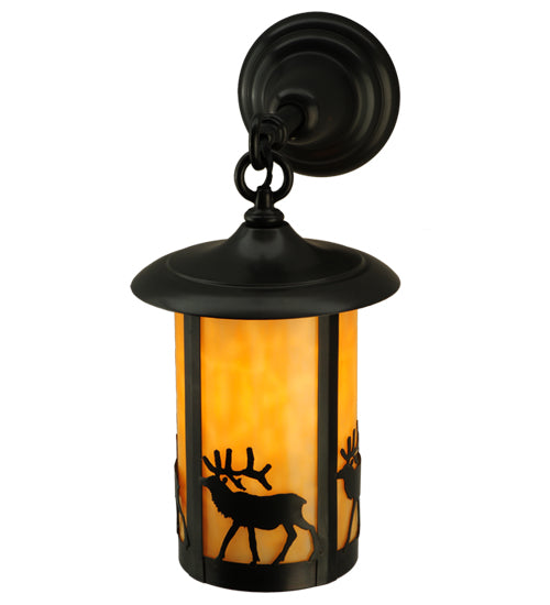 Meyda Lighting Fulton 8" Craftsman Brown Elk Hanging Wall Sconce With Beige Art Shade Glass