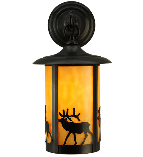 Meyda Lighting Fulton 8" Craftsman Brown Elk Hanging Wall Sconce With Beige Art Shade Glass