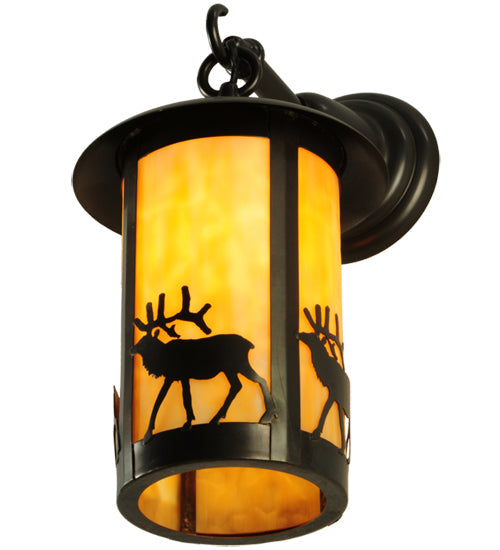 Meyda Lighting Fulton 8" Craftsman Brown Elk Hanging Wall Sconce With Beige Art Shade Glass