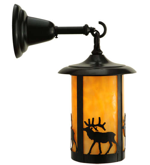Meyda Lighting Fulton 8" Craftsman Brown Elk Hanging Wall Sconce With Beige Art Shade Glass