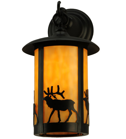 Meyda Lighting Fulton 8" Craftsman Brown Elk Hanging Wall Sconce With Beige Art Shade Glass