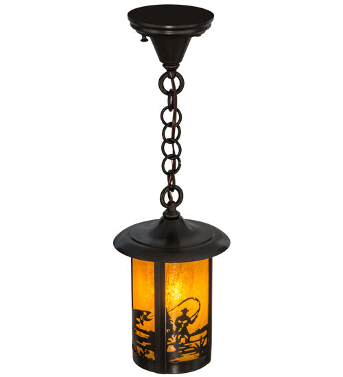 Meyda Lighting Fulton 8" Craftsman Brown Fly Fisherman Pendant Light With Honey Art Shade Glass