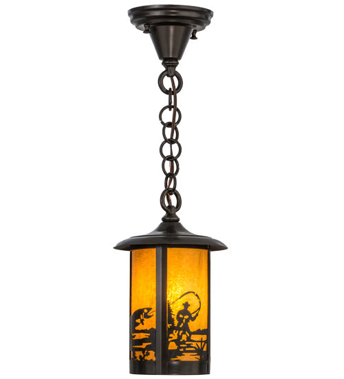 Meyda Lighting Fulton 8" Craftsman Brown Fly Fisherman Pendant Light With Honey Art Shade Glass