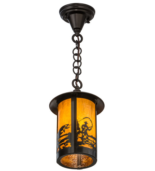 Meyda Lighting Fulton 8" Craftsman Brown Fly Fisherman Pendant Light With Honey Art Shade Glass