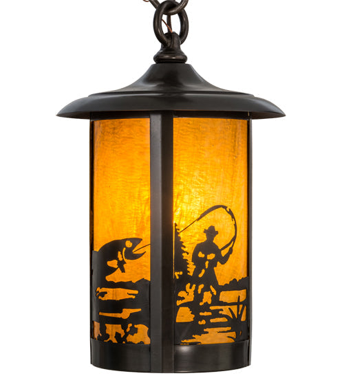 Meyda Lighting Fulton 8" Craftsman Brown Fly Fisherman Pendant Light With Honey Art Shade Glass