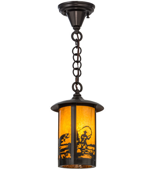 Meyda Lighting Fulton 8" Craftsman Brown Fly Fisherman Pendant Light With Honey Art Shade Glass