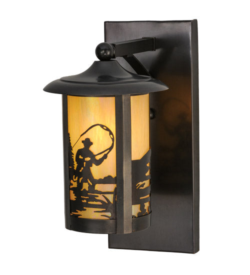 Meyda Lighting Fulton 8" Craftsman Brown Fly Fishing Creek Solid Mount Wall Sconce With Beige Iridescent Shade Glass
