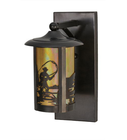 Meyda Lighting Fulton 8" Craftsman Brown Fly Fishing Creek Solid Mount Wall Sconce With Beige Iridescent Shade Glass
