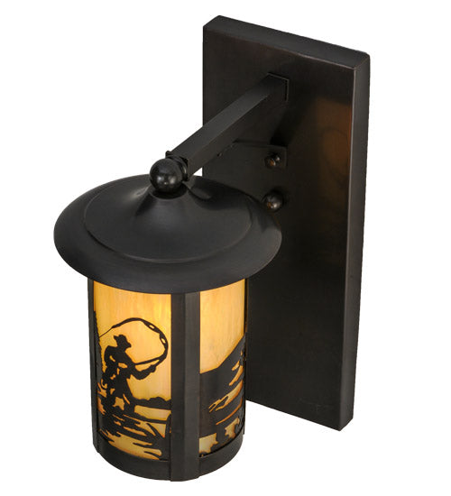 Meyda Lighting Fulton 8" Craftsman Brown Fly Fishing Creek Solid Mount Wall Sconce With Beige Iridescent Shade Glass