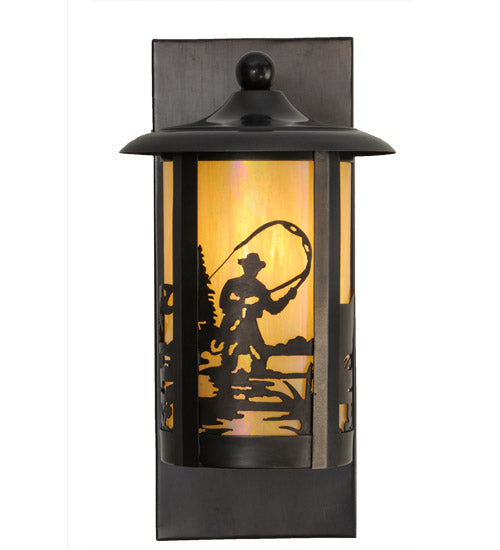 Meyda Lighting Fulton 8" Craftsman Brown Fly Fishing Creek Solid Mount Wall Sconce With Beige Iridescent Shade Glass