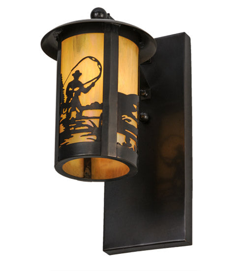 Meyda Lighting Fulton 8" Craftsman Brown Fly Fishing Creek Solid Mount Wall Sconce With Beige Iridescent Shade Glass