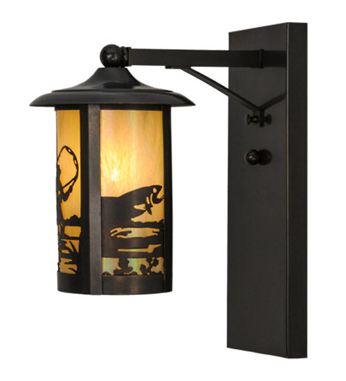 Meyda Lighting Fulton 8" Craftsman Brown Fly Fishing Creek Solid Mount Wall Sconce With Beige Iridescent Shade Glass