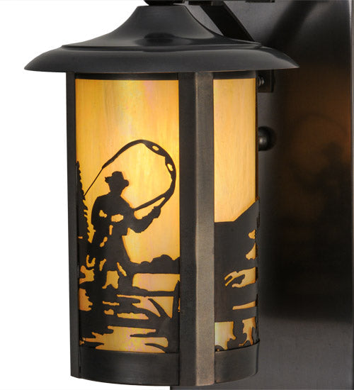 Meyda Lighting Fulton 8" Craftsman Brown Fly Fishing Creek Solid Mount Wall Sconce With Beige Iridescent Shade Glass