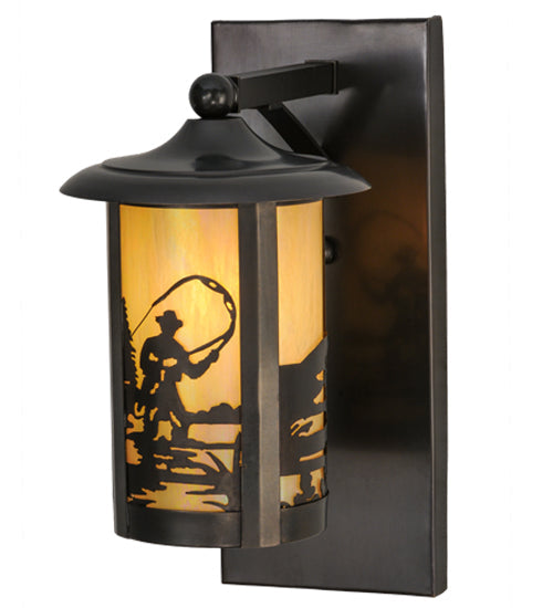 Meyda Lighting Fulton 8" Craftsman Brown Fly Fishing Creek Solid Mount Wall Sconce With Beige Iridescent Shade Glass