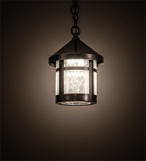 Meyda Lighting Fulton 8" Craftsman Brown Lantern Mini Pendant Light With Clear Seeded Shade Glass