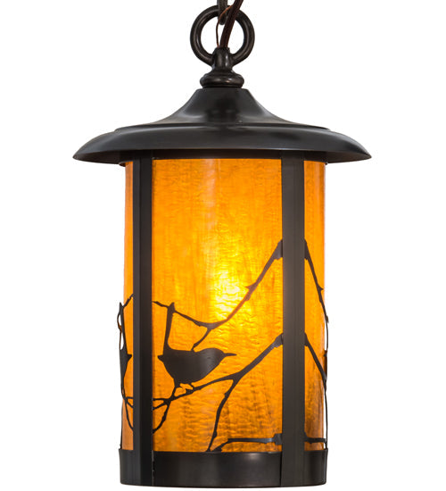 Meyda Lighting Fulton 8" Craftsman Brown Song Bird Mini Pendant Light With Honey Art Shade Glass