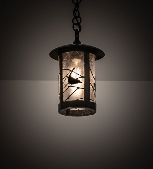Meyda Lighting Fulton 8" Craftsman Brown Song Bird Pendant Light With Clear Seeded Shade Glass