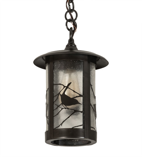 Meyda Lighting Fulton 8" Craftsman Brown Song Bird Pendant Light With Clear Seeded Shade Glass