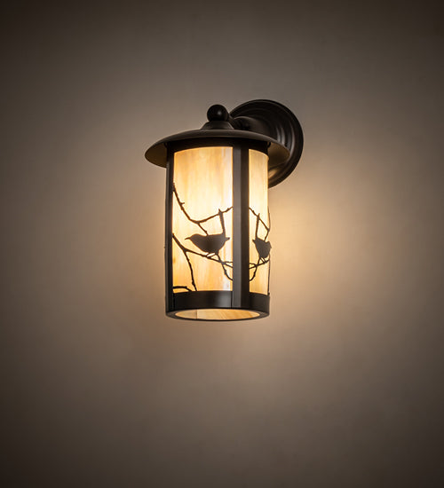 Meyda Lighting Fulton 8" Craftsman Brown Song Bird Solid Mount Wall Sconce With Beige Iridescent Shade Glass