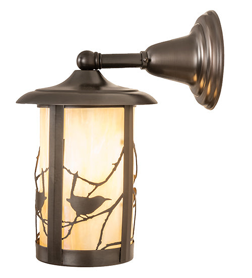 Meyda Lighting Fulton 8" Craftsman Brown Song Bird Solid Mount Wall Sconce With Beige Iridescent Shade Glass